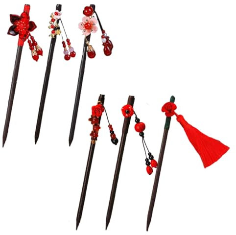 6 Pcs Chinese Hair Sticks for Women Wooden Japanese Hair Chopsticks Accessories Retro Red Cherry Clips Handmade Flower Tassel Geisha Costume for Girls Long Hair (Set A)
