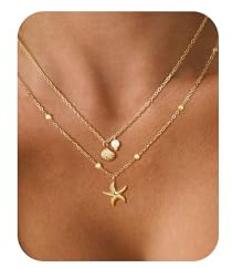 Shell Necklace for Women Layered Starfish SeaShell Pendant Necklace Stack | Gold Plated Silver Non Tarnish Adjustable Stainless Steel Waterproof Necklaces Set Jewellery for Summer Beach Vacation