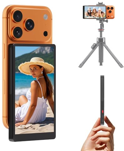 5” Slim Phone Vlog Selfie Monitor Screen for iPhone & Android, Magnetic Wireless Back Camera Selfie Monitor with 2600mAh Battery, CNC Metal, 3.5mm Jack, Compatible with iPhone 17, Black