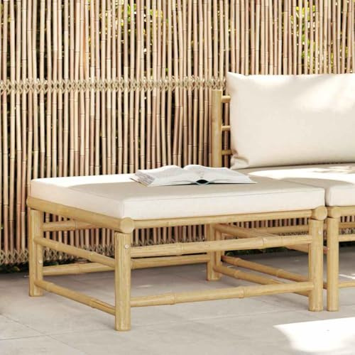Bucmath Garten-Fußhocker mit Kissen, Cremeweiß, Bambus, 65x65x30 cm, modular, robust, leicht zu reinigen, für Terrasse, Balkon und Garten