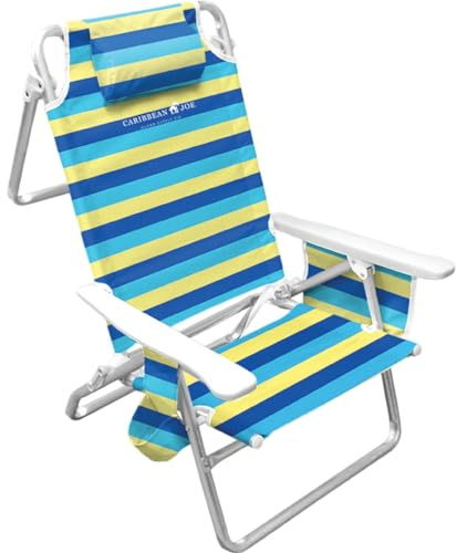 CARIBBEAN JOE Chaby International Deluxe, tragbarer, Flacher Klappstuhl für Strand & Camping | fünf Liegepositionen, Kopfkissen, Getränkehalter, Taschenaufbewahrung | (gestreift)