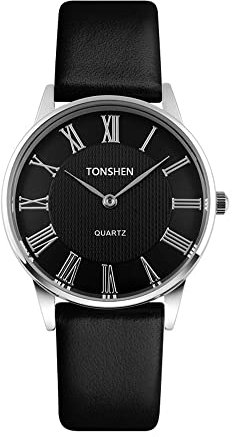 TONSHEN Analog Quarz Uhr Silber Edelstahl Schale Schwarz Lederband 7MM Zifferblatt Quarzuhr Damen Armbanduhr (Damen)