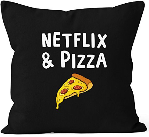 MoonWorks Kissen-Bezug Netflix & Pizza Kissen-Hülle Deko-Kissen Baumwolle schwarz Unisize