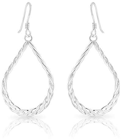 DTPsilver® 925 Sterling Silver Hook Dangle Earrings - Teardrop Twisted Rope Style - Size: 19 x 43 mm