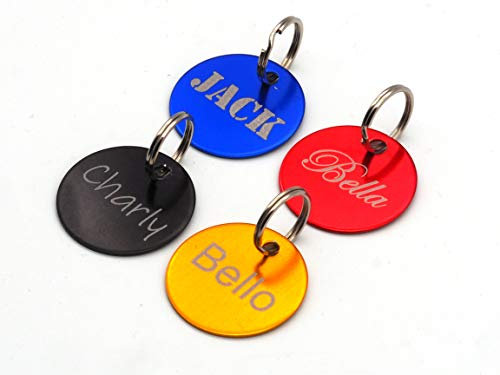 Hundemarke Rund Gravur beidseitig - personalisiert | inklusiv kleinem Schlüsselring | Anhänger, Adressschild, Adressmarke, Adressanhänger für Hundehalsband | Schwarz, Gold, Blau, Rot