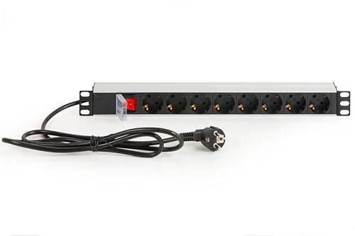 Link LKMP08S – Mehrfachsteckdose 19 Zoll (39 cm) mit 8 Schuko-Steckdosen mit Schalter Schuko-Stecker 16 A – umkehrbare Netzteile 180°