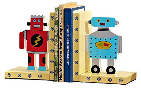 JHNIF Un par de sujetalibros de madera de robot rojo y azul, decoración de habitación infantil.