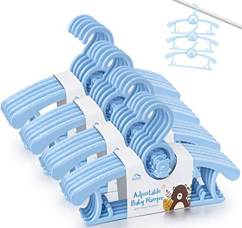 Homewit 20-teilig ausziehbare Babykleiderbügel | 29 cm ~ 37 cm ausziehbare Kinderkleiderbügel | mit Stapelbaren Bärchen-Haken | 100% aus neues Kunststoff | Ideal für Baby und Kind | Blau
