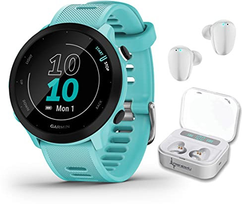 Wearable4U Garmin Forerunner 55 GPS Running 42mm Watch with Daily Suggested Workouts, Aqua White Earbuds Power Bundle