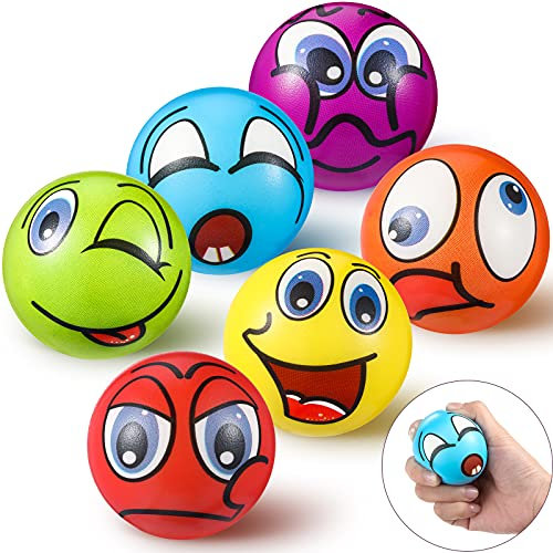 6 Stücke Lustiges Gesicht Stressbälle 2,5 Zoll Unterschiedliche Farben Stressball Weich PU Ball Sortiert Zufällig Stressbälle, Grün, Gelb, Orange, Rot, Lila, Blau, Rosa (Lustiger Stil) (Frecher Stil)