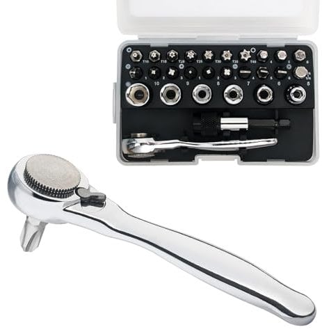 Sharden Set di 28 mini cricchetti da 1/4 con cacciavite ad angolo retto e punta con set di bussole metriche, chiave a cricchetto piccola a 72 denti, cacciavite offset a basso profilo, cricchetto tozzo