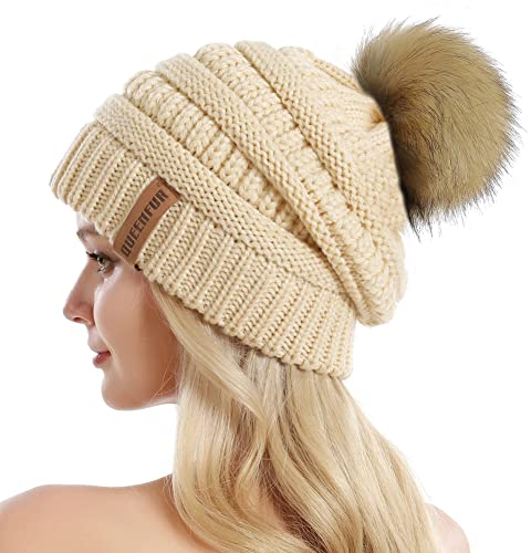 QUEENFUR Damen Strickmütze Slouchy Beanie Chunky Baggy Mütze mit Kunstfell Pompon Winter Weiche Warm Skimütze, A1-beige 2, Large