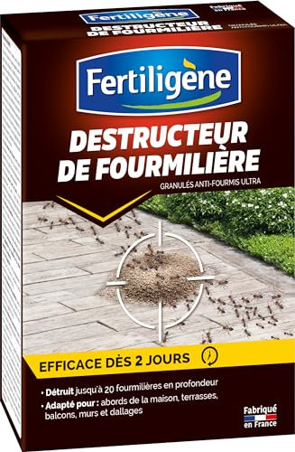 FERTILIGENE FDEFOU2 - Destructeur de Fourmilières Granulés 400 g - Efficace dès 2 jours - Elimine 20 fourmilières en profondeur - Idéal pour abords de la maison, terrasses, murs - Fabriqué en France