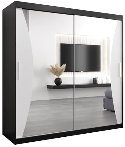 MEBLE KRYSPOL Kleiderschrank mit Spiegel Monaco - Garderobenschrank - Schrank Schlafzimmer - Mehrzweckschrank Zwei Schiebetüren - Regalen - Flur Möbel - Kleiderstange Schrank - Allzweckschrank