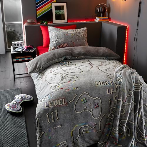 Catherine Lansfield Game Over Bettwäsche-Set, leuchtet im Dunkeln, Fleece, für Einzelbett, mit Kissenbezug, Schwarz