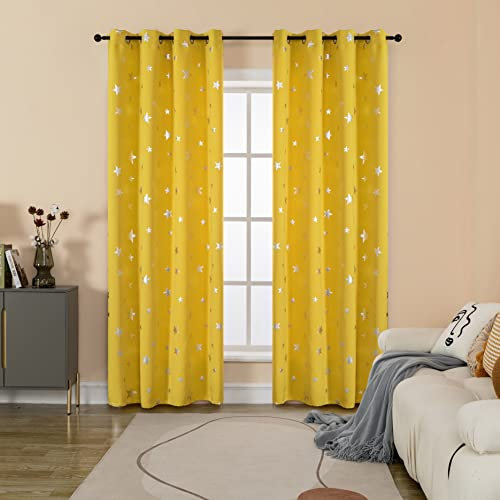 GIRASOLE HOME® Coppia Tende Oscuranti Morbide Fantasia Stelle Argentate Tenda Morbida per Interni con Occhielli 2 Pannelli (Giallo, 140x290cm)