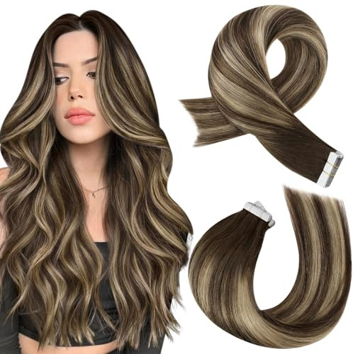 Moresoo Tape in Extensions Echthaar Braun Nahtlose Haarverlängerung Echthaar Tapes Dunkelbraun bis Karamellblond Unsichtbare Tape Extensions Echthaar Ombre 40 cm 20 Stück/50g #4/27/4