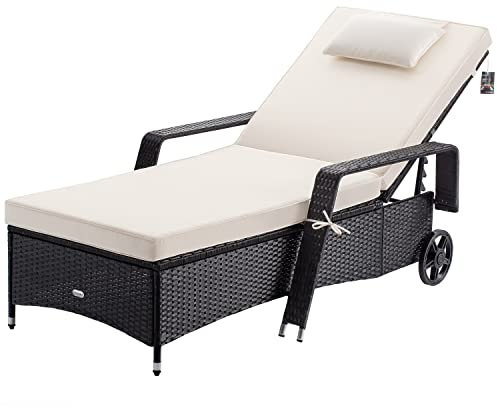 Casaria® Sonnenliege mit Rollen 7cm Auflage Extra Breit 90cm Gartenliege Wetterfest 165kg Belastbar Verstellbar Terrasse Balkonmöbel Liegestuhl Schwarz Creme
