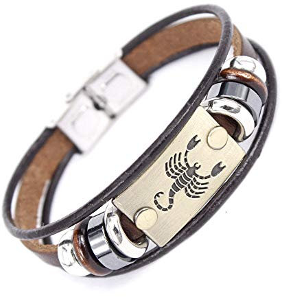 LODMLOER 12 Sternzeichen-Lederarmband Für Männer, Vintage-Lederarmband Mit Eingraviertem Sternzeichen-Namensschild, Horoskop-Armband, Schmuckgeschenk, Skorpion