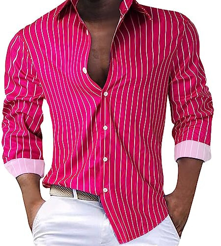Chemise à manches longues rayée à rayé pour hommes printemps et automne Chemise Homme Manches Courtes Rose
