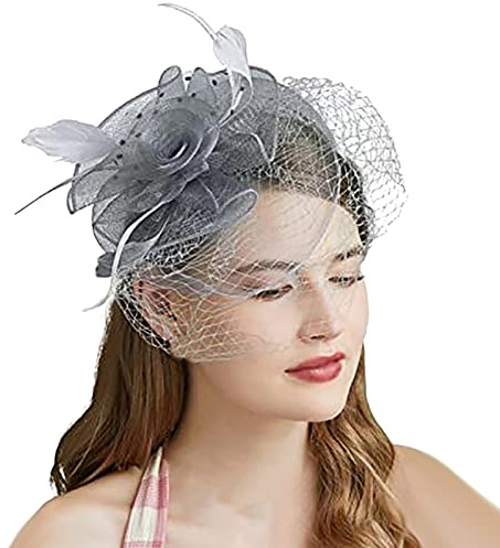 Fascinator pour Femmes - Chapeau de Mariage - Clips pour Voile et Serre-tête - Tea Party - Mesh - Couvre-chef pour Église, Halloween, Cocktail, Club - Gris