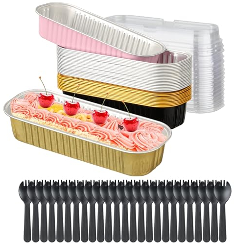 Chuboir 90Pcs/30Set Mini Loaf Pans with Lids and Spoons, 200ML Mini Loaf Tins, Reusable Aluminum Foil Baking Sets for Cupcake, Bread and Wedding, Birthday, Picnic