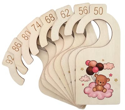Minime Größentrenner aus Holz für Baby mit süßem Teddy Design in Blau und Rosa, Größenreiter, Grössentrenner für Baby Schrank, Schrankteiler für Neugeborene, in den Konfektionsgrößen 50-92. (Rosa)
