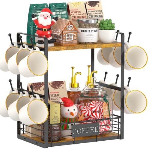EsLuker.ly 2 Etagen Tassenhalter Stand für Arbeitsplatte, 12 Haken Tassenregal Wand mit Aufbewahrungskorb, Metall Holz Tassenständer Tassen Organizer für Kaffeebar Küche, Vintage Braun-Schwarz
