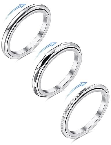 Adramata 3 Stück Anxiety Ring Set - Edelstahl Angstring Coole Band Ringe für Frauen - Anti Stress Spinner Fidget Ring Silber