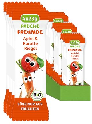 FRECHE FREUNDE Bio Fruchtriegel Apfel & Karotte, Obst & Gemüse Riegel für Babys und Kinder ab 1 Jahr, fruchtiger Snack ohne Zuckerzusatz, vegan, laktosefrei, 12er Pack, 12x (4x 23g)