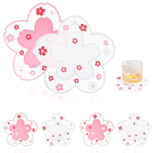 DesertBoy 6 Stück PVC Weicher Sakura Coaster Sakura Untersetzer 11,5 cm Kirschblüten-Untersetzer PVC Sakura Untersetzer Sakura-Untersetzer Getränkeuntersetzer Sakura für Tassen, Cafés(3 Rosa+3 Weiß)