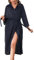 Wikoan Peignoir Léger à Manches Longues pour Femme Peignoir Doux et Col en V Robe Kimono Longue avec Poches Peignoir Piscine Hôtel Bleu Marine M