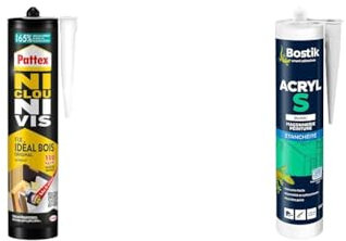 Pattex Ni Clou Ni Vis Fix Idéal Bois (cartouche de 380 g) – Colle de fixation à maintien immédiat & BOSTIK - 310.11418 - Mastic Acryl S Maconnerie/Peinture - 310 ml - Blanc