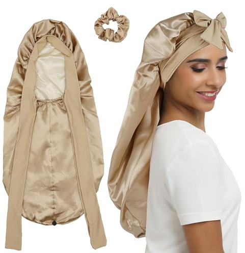 SENGTERM Lange Satin Schlafmütze Seiden haube für Frauen - Doppelschicht elastische Seidenhaube für Braids Hair Sleeping Cap mit Krawattenband (DE/NL/SE/PL, Alphanumerisch, M, L, Long golden)