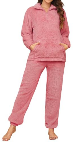 TOMEEK Pigiama da Donna Completo Invernale in Pile Polare Tuta per Il Tempo Libero con Top a Maniche Lunghe e Pantaloni Pigiami Soffici Pigiami da Notte Caldi Pjs per Donna(Rosa Scuro,XL)