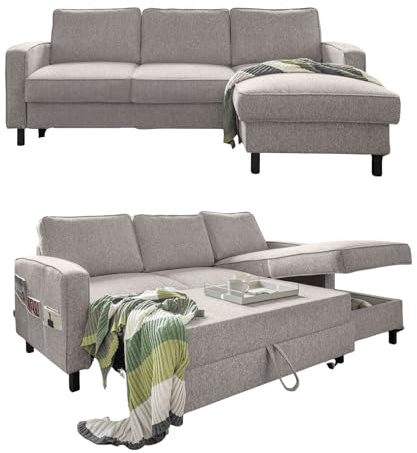 MIUFORM Molly S mit Bettkasten | limitierter Polsterstoff | 4 Sitzer Ecksofa | L-Form rechts | 228 x 148 x 88cm Couch | Klappsofa mit Schlaffunktion | Schlafsofa klappbar (ETS Salz & Pfeffer)