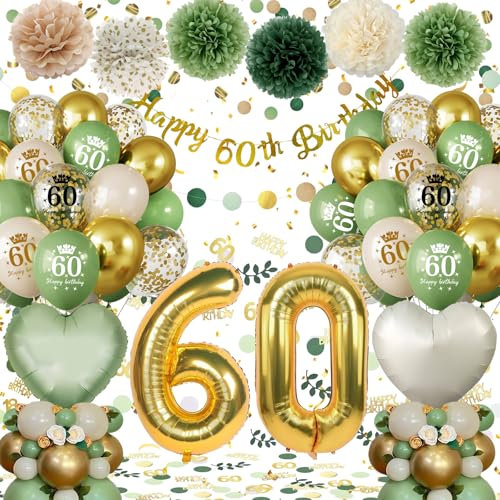 60 Geburtstag Deko Männer Frauen,Geburtstagsdeko 60 Frau Mann, 60. Geburtstag Luftballons Deko Grüne Gold mit Happy Birthday Banner Pompons für Dekorationen Mehrweg