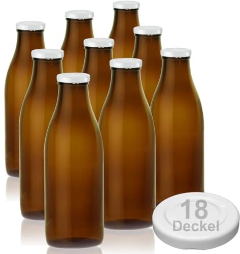 Geniess-Bar! 9 Braune Milchflaschen 1 Liter Glasflaschen Milch Flaschen 18 Twist off Schraubverschluss Deckel leer zum Befüllen erhältlich mit 2/4/6/9/12/15 Weithalsflaschen hitzebeständig