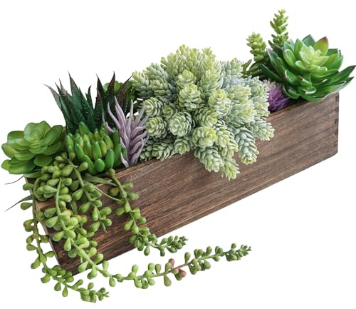 Winlyn 15 Assorted Artificial Succulent Arrangement Assorted Succulents in Rectangular Wooden Planter Faux Potted Plant for Farmhouse Table Centerpiece Windowsill Shelf Desk Mantel Greenery Décor