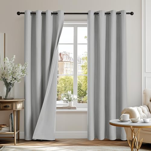 Deconovo 100% Blackout Thermal Curtains Double-sided Microfiber Fabric Noise Reducing Window Curtains for Living Room, Grey W46 x L54 inch, 2 Panels
