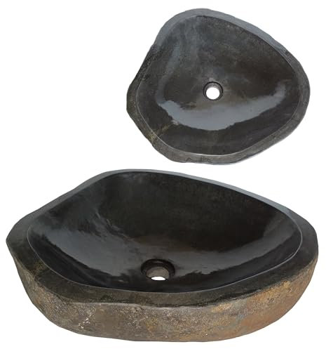 Lendo Online Lavabo Ovale en Pierre de Rivière - Pierre Naturelle - Évier de salle de bain - Vasque à Poser de Toilette - Brillant - Lave-mains moderne (Marron, 46-53x34-40cm)
