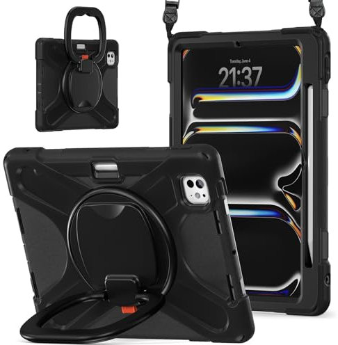 Für iPad Pro 11 Hülle 2024 – Schockfest Robuste Schutzhülle mit 360° Drehbarem Ständer Eingebautem Stifthalter Kratzfestem Schutz Verstellbarem Schultergurt, Für iPad Pro 11 Zoll (M4, A3006), Schwarz