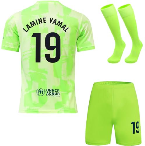 DMDMK Barca Yamal #19 2024/2025 Third Trikot Shorts und Socken Kinder und Jugend Größe (Grün, 28 (10-11 Jahre))