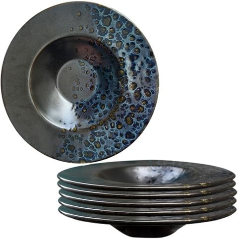 PALUPLUS Set 6 Piatti Fondi gourmet in Porcellana Color Nero con Dettagli Blu e Oro, Diametro 28,5 cm e Altezza 5,5 cm, Adatti per Microonde, Piatto Bowl per Pasta e Dessert -6670F6,3