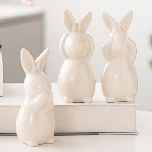 Osterhase Figuren aus Keramik, 3 Stück Hase Deko Porzellan Statue, Osterdeko Kaninchen Figur, Frühlingsdeko Innen Hasenfigur, Ostern Tischdeko Hase für Wohnzimmer Büro Schlafzimmer Deko (Weiß)