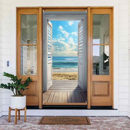 WOOHOOROO Türabdeckung zum Aufhängen, Motiv: Fensterläden, Türbanner mit Meerblick, Partyschild, Dekoration für Veranda, Hof, Garten, 89,9 x 180,1 cm
