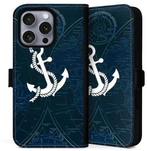 Klapphülle kompatibel mit Apple iPhone 16 Pro Max Handyhülle aus Kunst Leder schwarz Flip Case Anker Landkarte Segeln