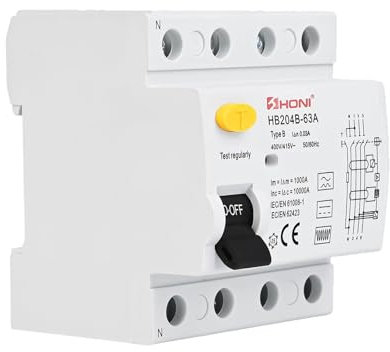 Disjoncteur différentiel RCD type B - Disjoncteur FI DIN - 4 pôles - Disjoncteur différentiel pour EV, courant continu pour chargeur de voiture électrique - Station de charge (63 A, 300 mA)