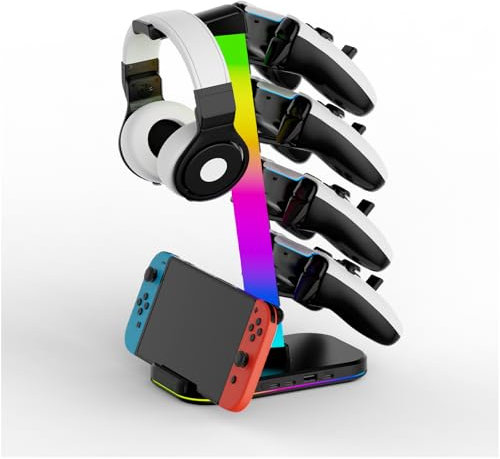 Headset Holder, Gaming Controller Headphone Stand with 10 RGB Lights, 2 Type C Charging Ports and 1 USB 2.0 Port, Gaming Desktop Organizers Accessories for Xbox/ PS5/ PS4/ Switch