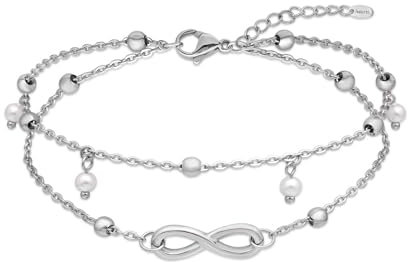Amberta Silver Gold Waterproof Ankle Bracelets for Women | Boho Layered Anklets for Women | Summer Jewellery, Adjustable Ankle Chain Beaded Rope Heart: Silver Infinity and Pearls